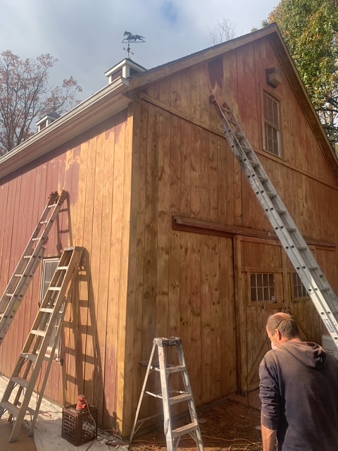 Barn staining and exterior coating in progress near Hudson, NY Barn staining and exterior coating in progress near Hudson, NY